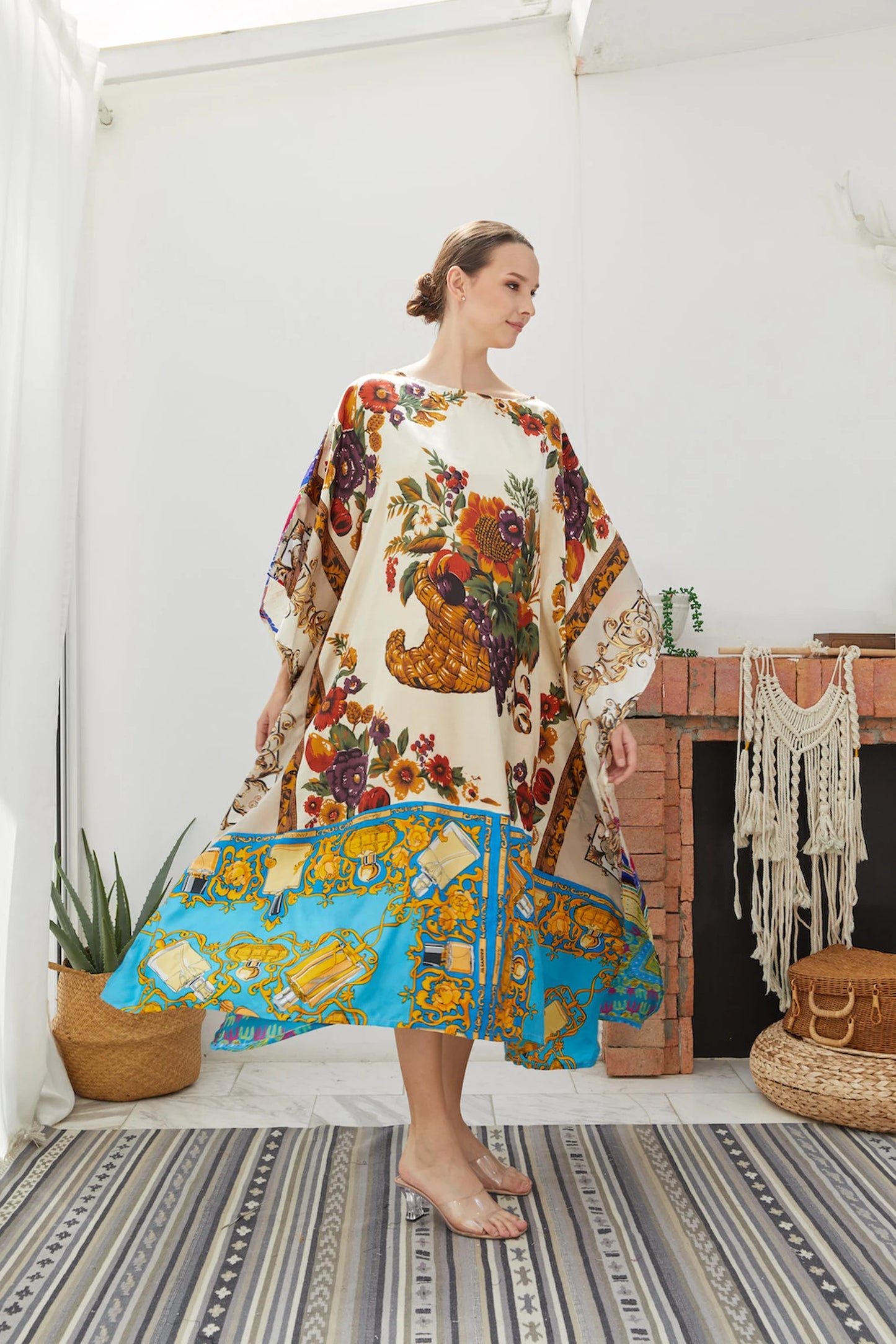 Patchwork White Silk Scarf Kaftan Midi Length Women Plus Size Dress