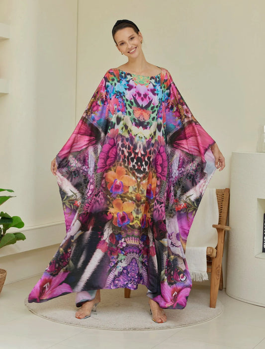 Pink Butterfly Wing Orchid Floral Kaftan Animal Print Wedding Dress Silk Caftan