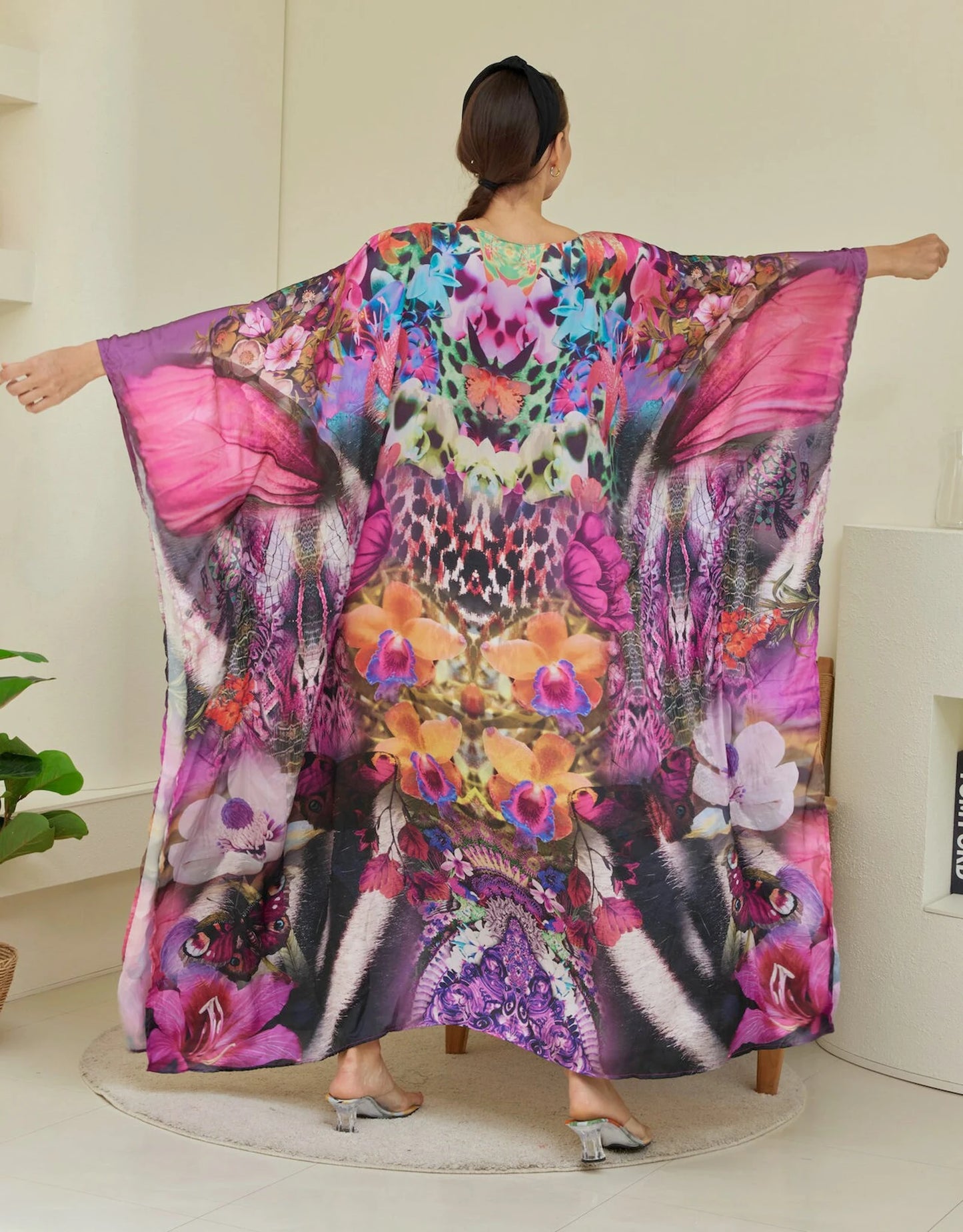 Pink Butterfly Wing Orchid Floral Kaftan Animal Print Wedding Dress Silk Caftan