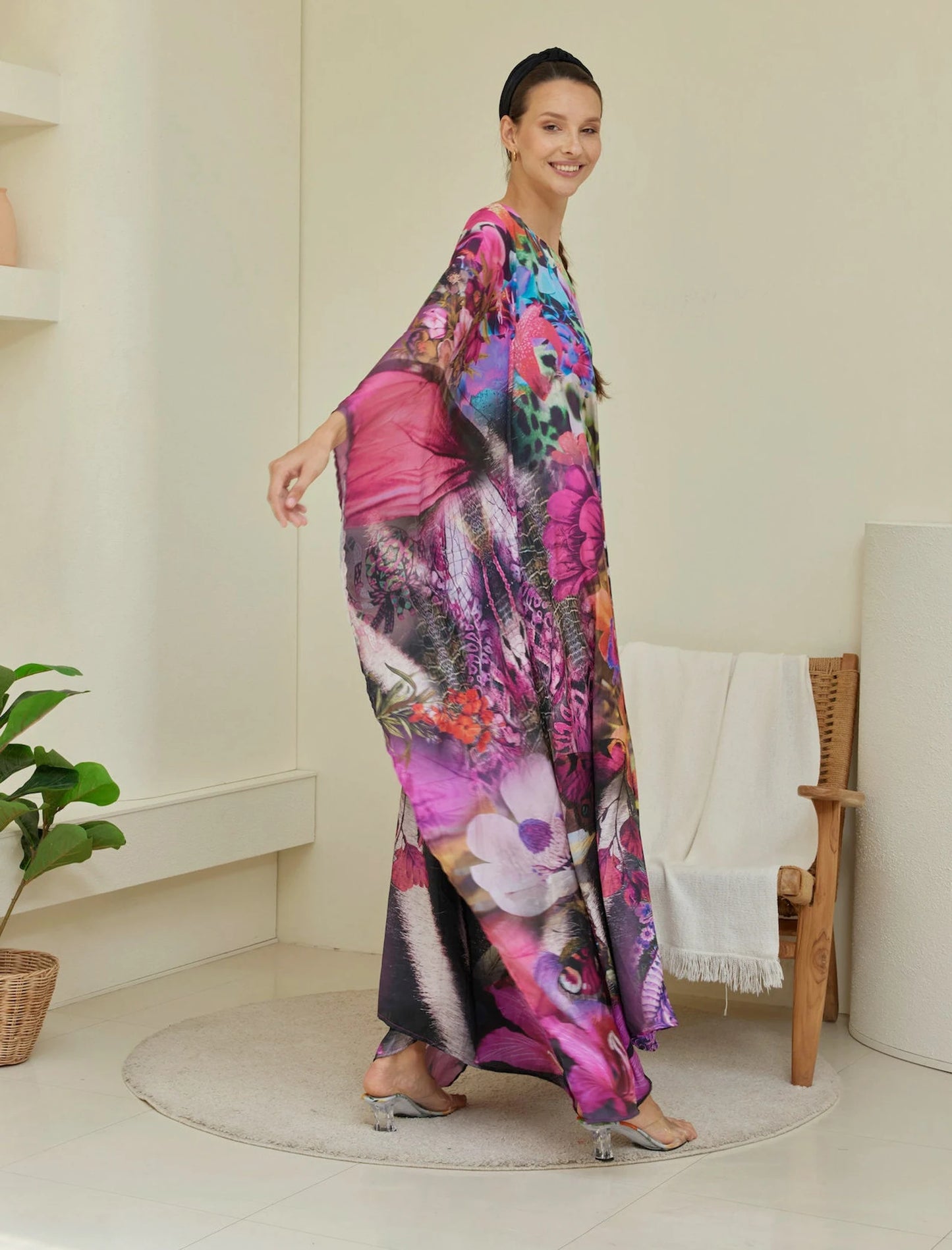 Pink Butterfly Wing Orchid Floral Kaftan Animal Print Wedding Dress Silk Caftan