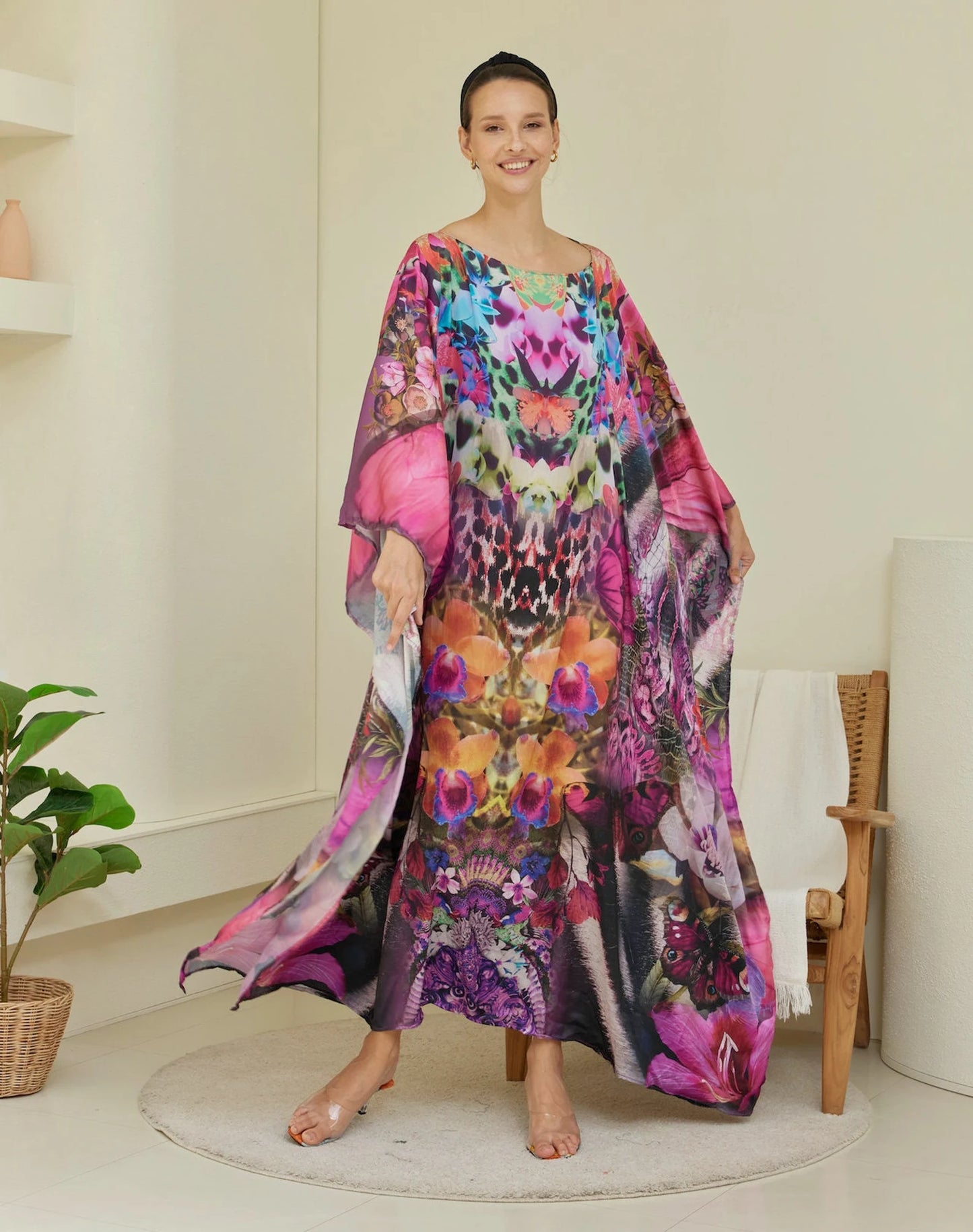 Pink Butterfly Wing Orchid Floral Kaftan Animal Print Wedding Dress Silk Caftan