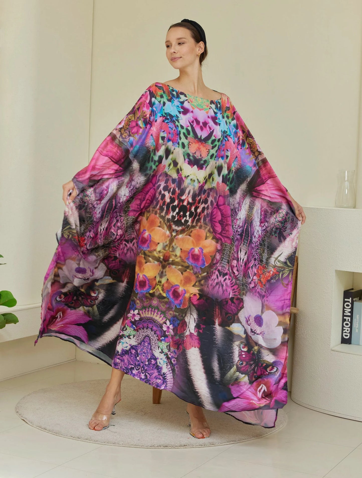 Pink Butterfly Wing Orchid Floral Kaftan Animal Print Wedding Dress Silk Caftan