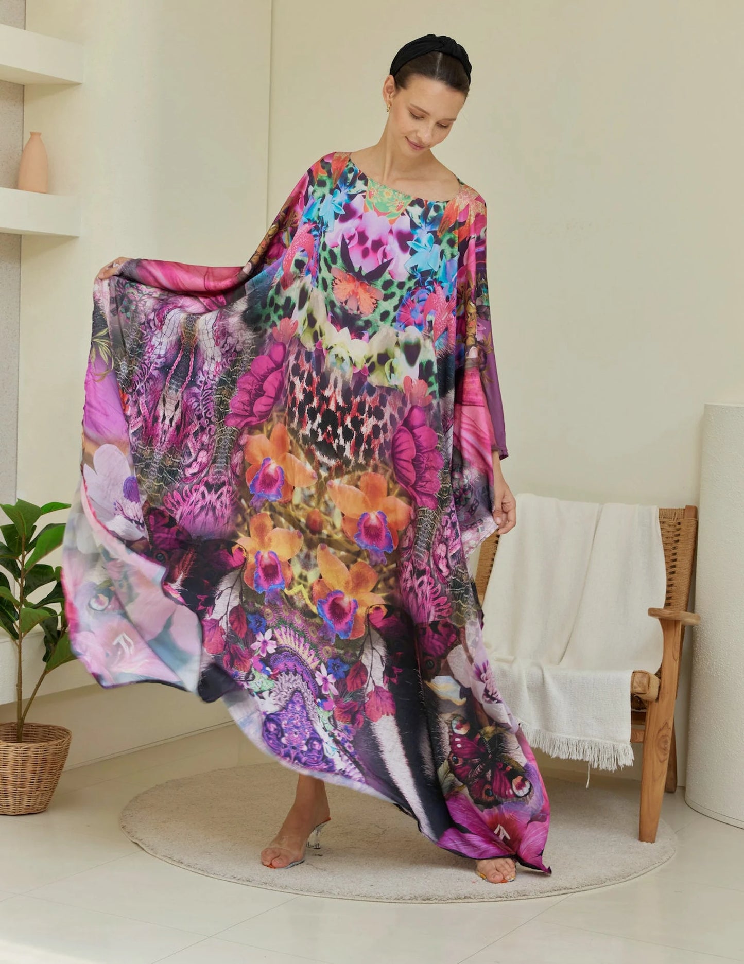 Pink Butterfly Wing Orchid Floral Kaftan Animal Print Wedding Dress Silk Caftan