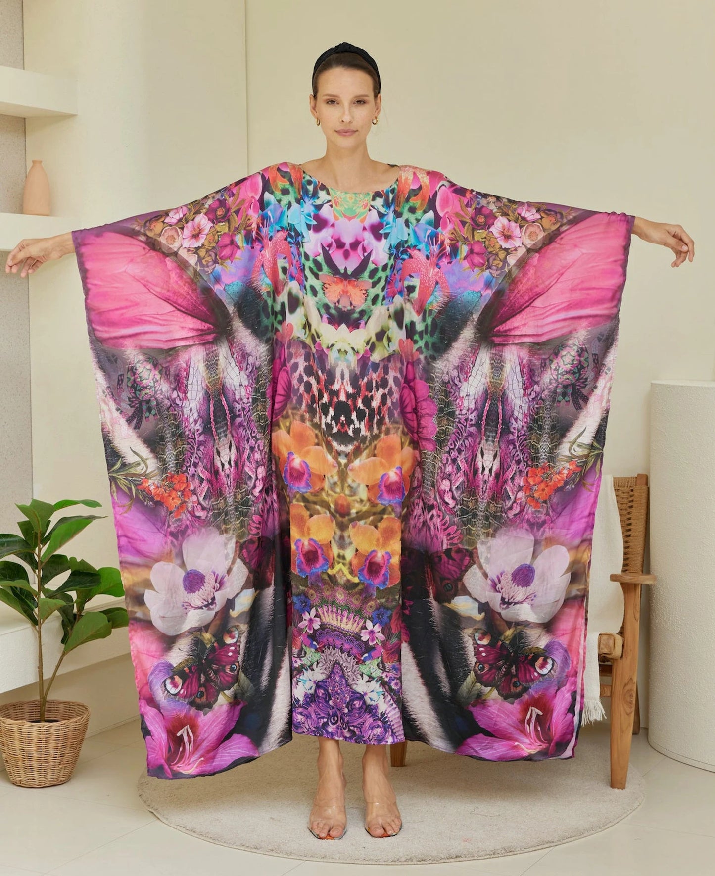 Pink Butterfly Wing Orchid Floral Kaftan Animal Print Wedding Dress Silk Caftan