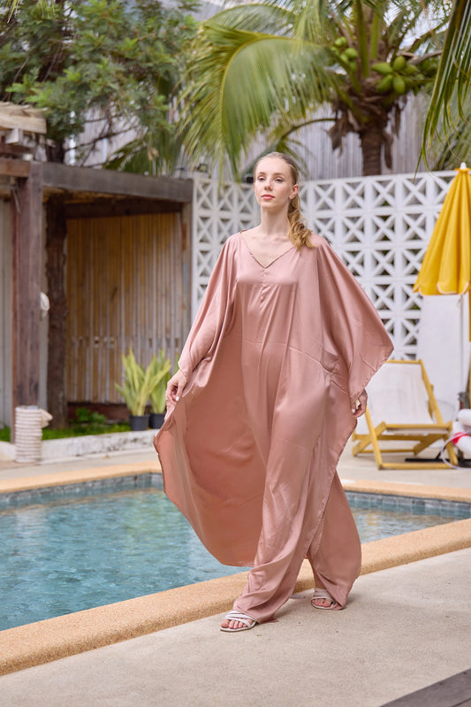 Pink Tint Brown Luxury Silk Handmade Japanese Kaftan Oriental Silk Full Length