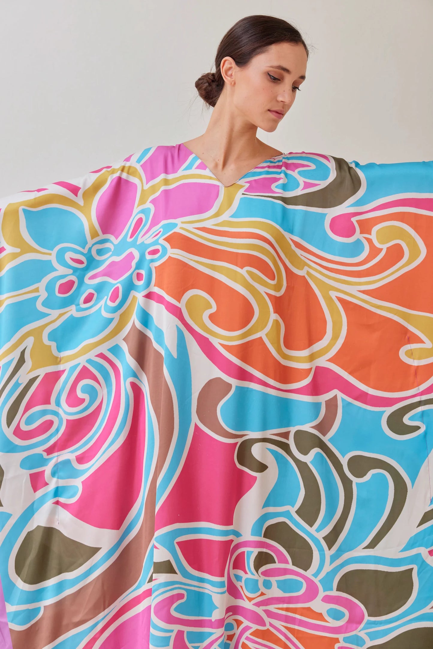 Pink Vibrant Floral Silk Nightdress Kaftan Plus Size Caftan Resort Wear