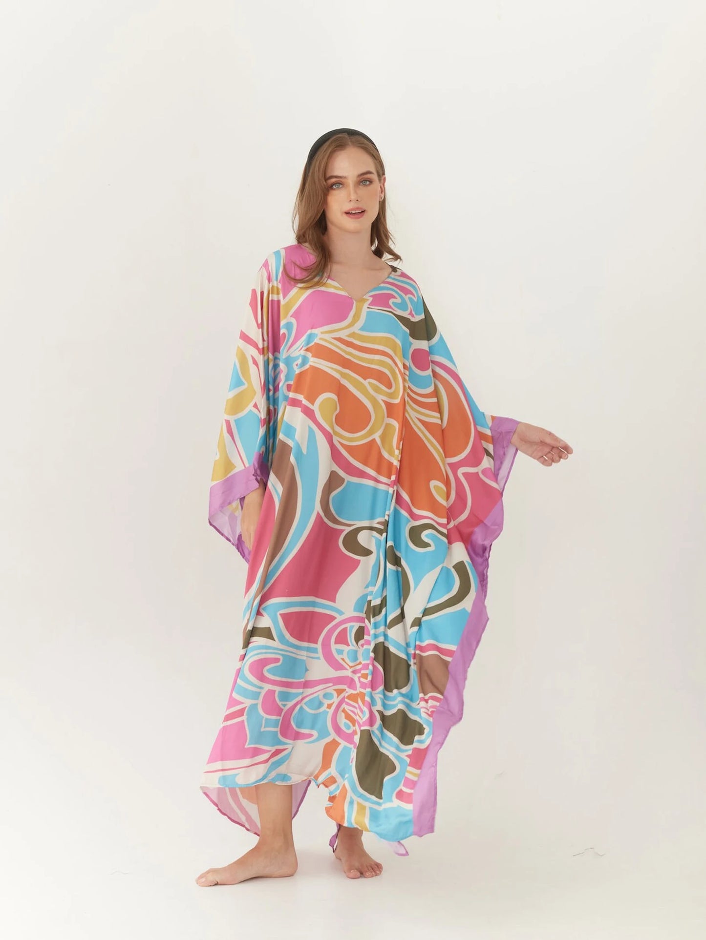 Pink Vibrant Floral Silk Nightdress Kaftan Plus Size Caftan Resort Wear