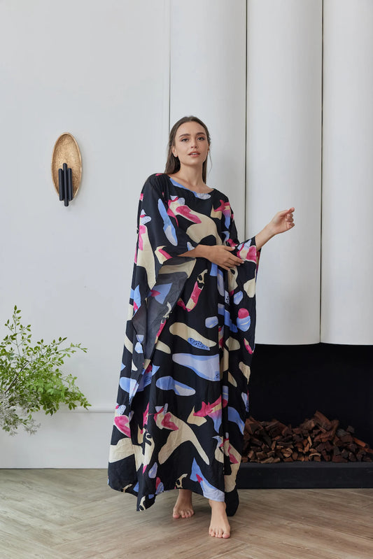 Playful Black Contemporary Silky Kaftan Dress Women Pyjamas Plus Size