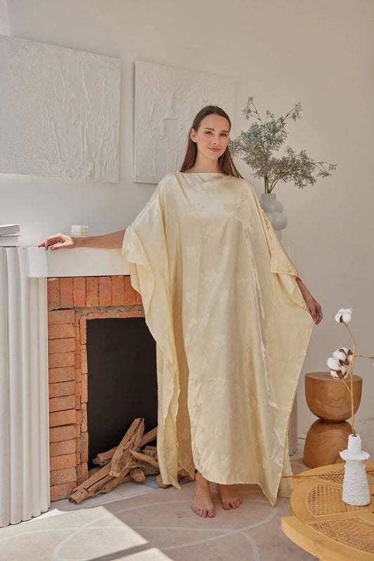 Premium Gold Vanilla Buttons Shoulder Silk Kaftan Dress