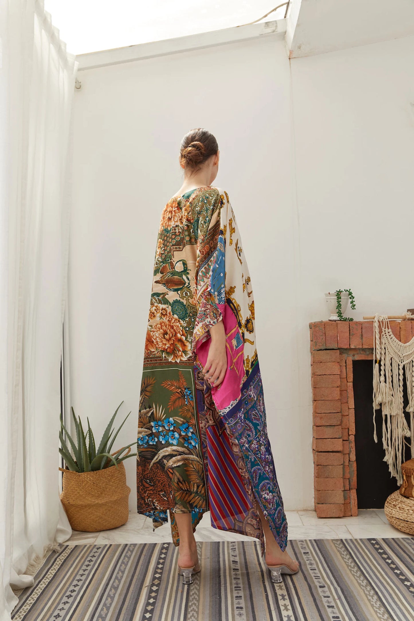 Premium Tropical Silk Scarf Kaftan Dress Women Plus Size Patchwork Designer Caftan