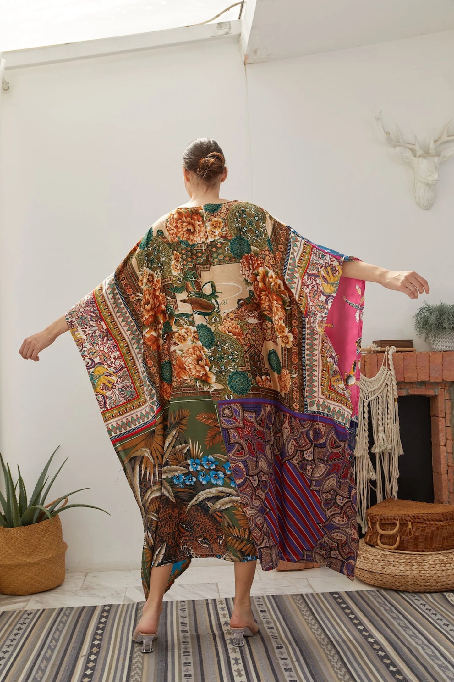 Premium Tropical Silk Scarf Kaftan Dress Women Plus Size Patchwork Designer Caftan