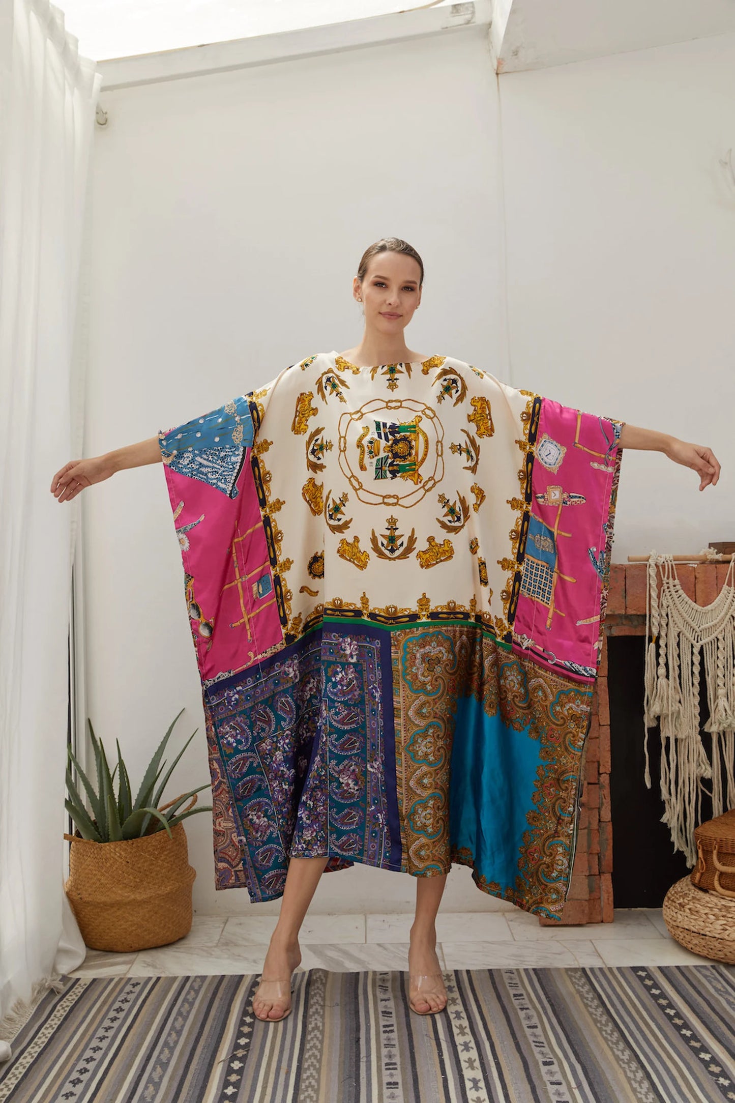 Premium Tropical Silk Scarf Kaftan Dress Women Plus Size Patchwork Designer Caftan