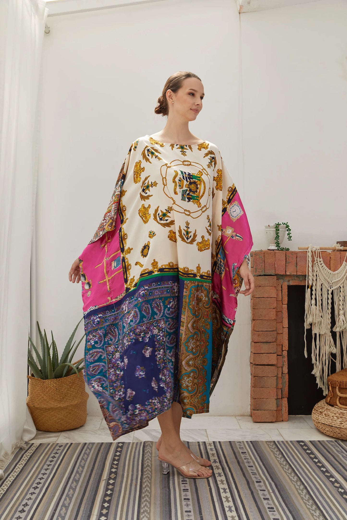 Premium Tropical Silk Scarf Kaftan Dress Women Plus Size Patchwork Designer Caftan