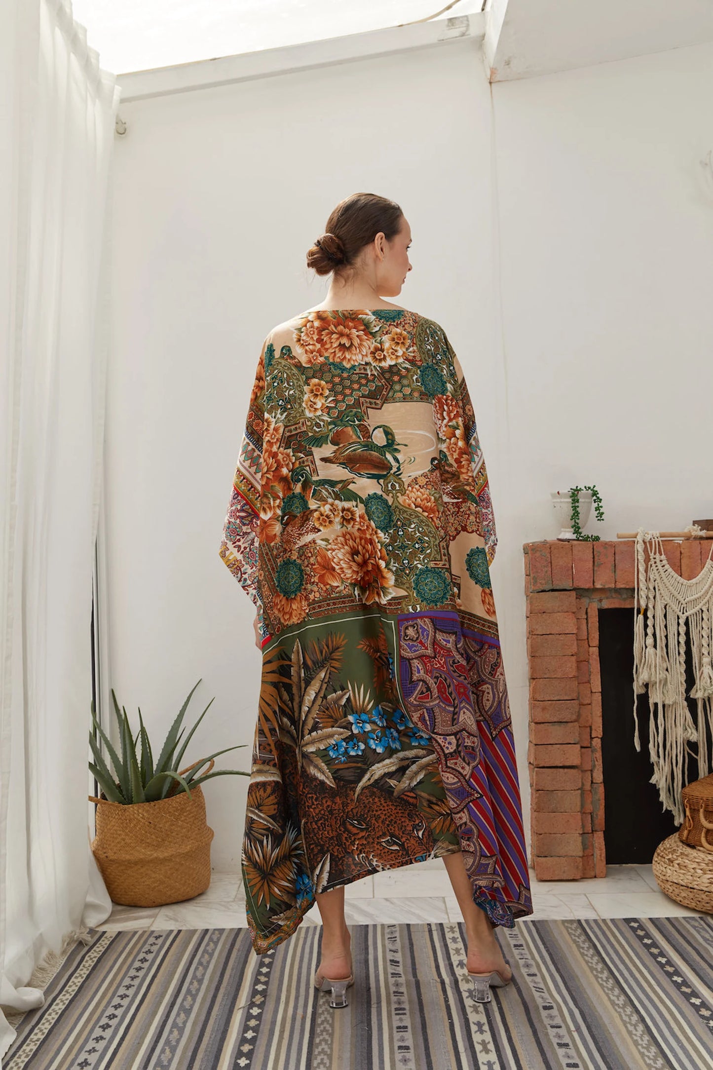 Premium Tropical Silk Scarf Kaftan Dress Women Plus Size Patchwork Designer Caftan