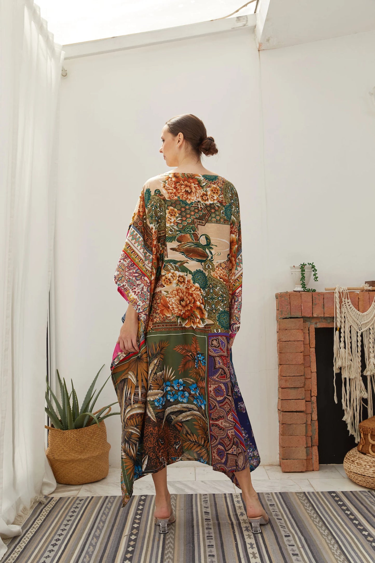 Premium Tropical Silk Scarf Kaftan Dress Women Plus Size Patchwork Designer Caftan