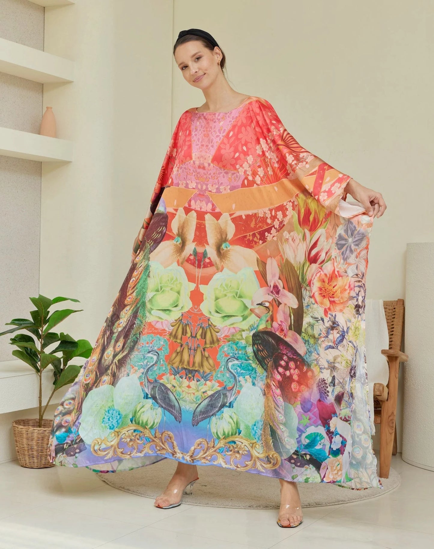 Red Chinese Floral Peacock Silk Kaftan Full Length Women Plus Size Dress