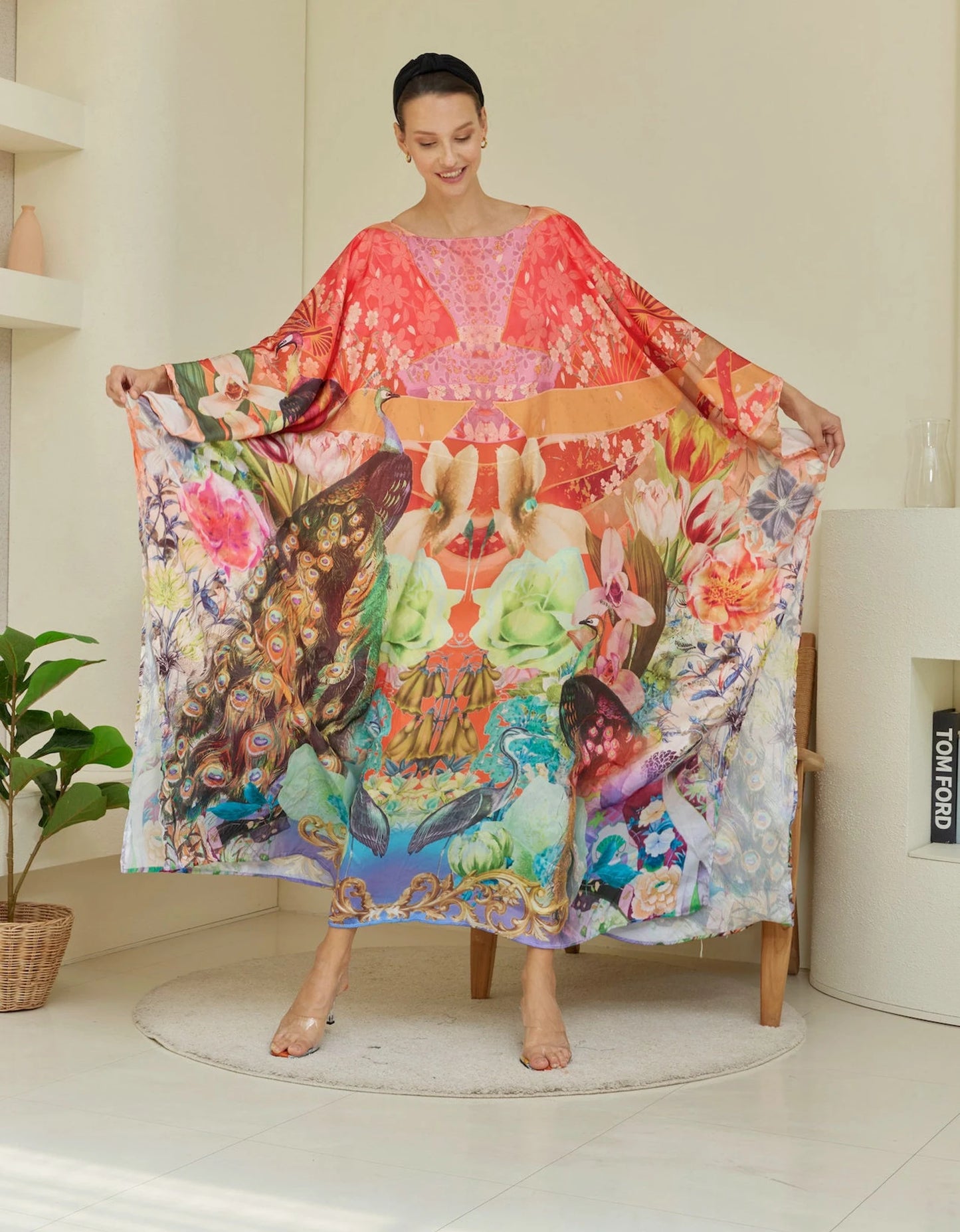 Red Chinese Floral Peacock Silk Kaftan Full Length Women Plus Size Dress