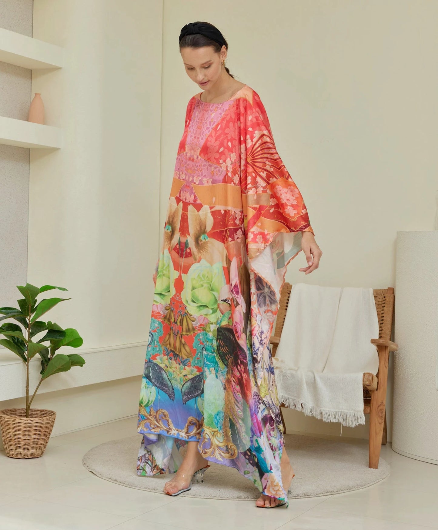 Red Chinese Floral Peacock Silk Kaftan Full Length Women Plus Size Dress