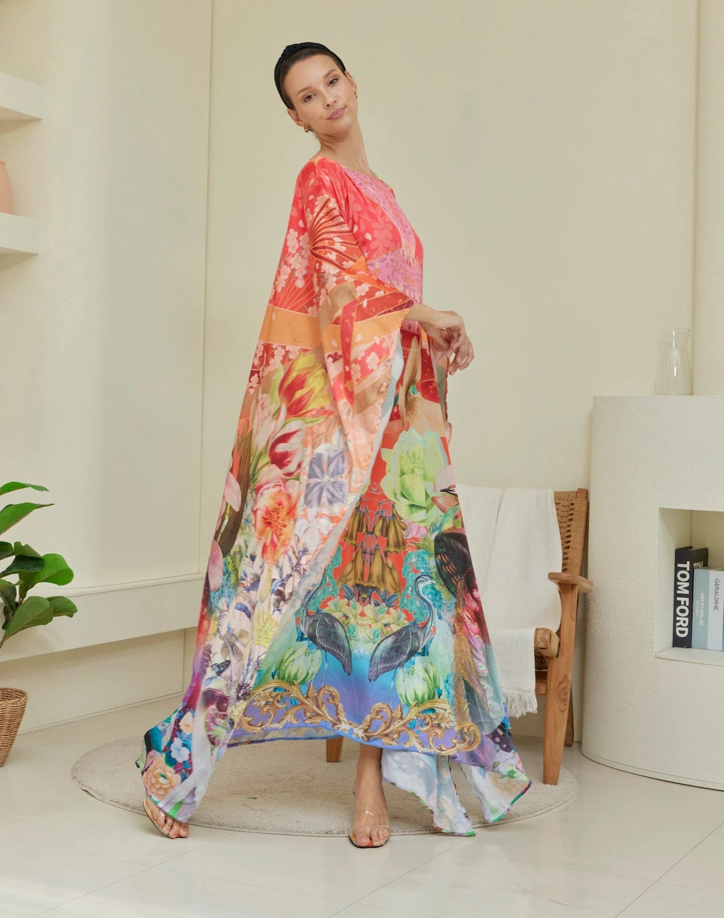 Red Chinese Floral Peacock Silk Kaftan Full Length Women Plus Size Dress