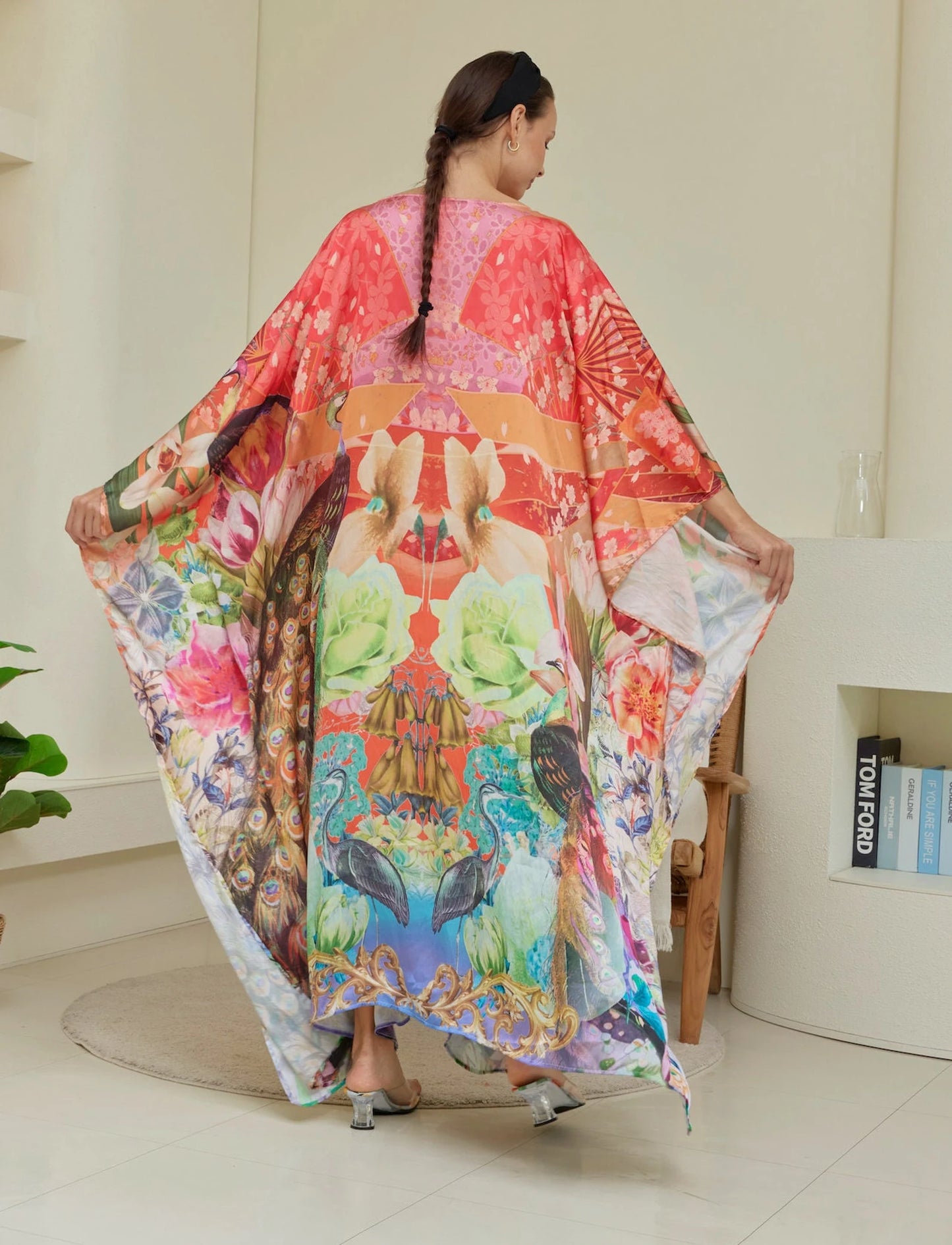 Red Chinese Floral Peacock Silk Kaftan Full Length Women Plus Size Dress