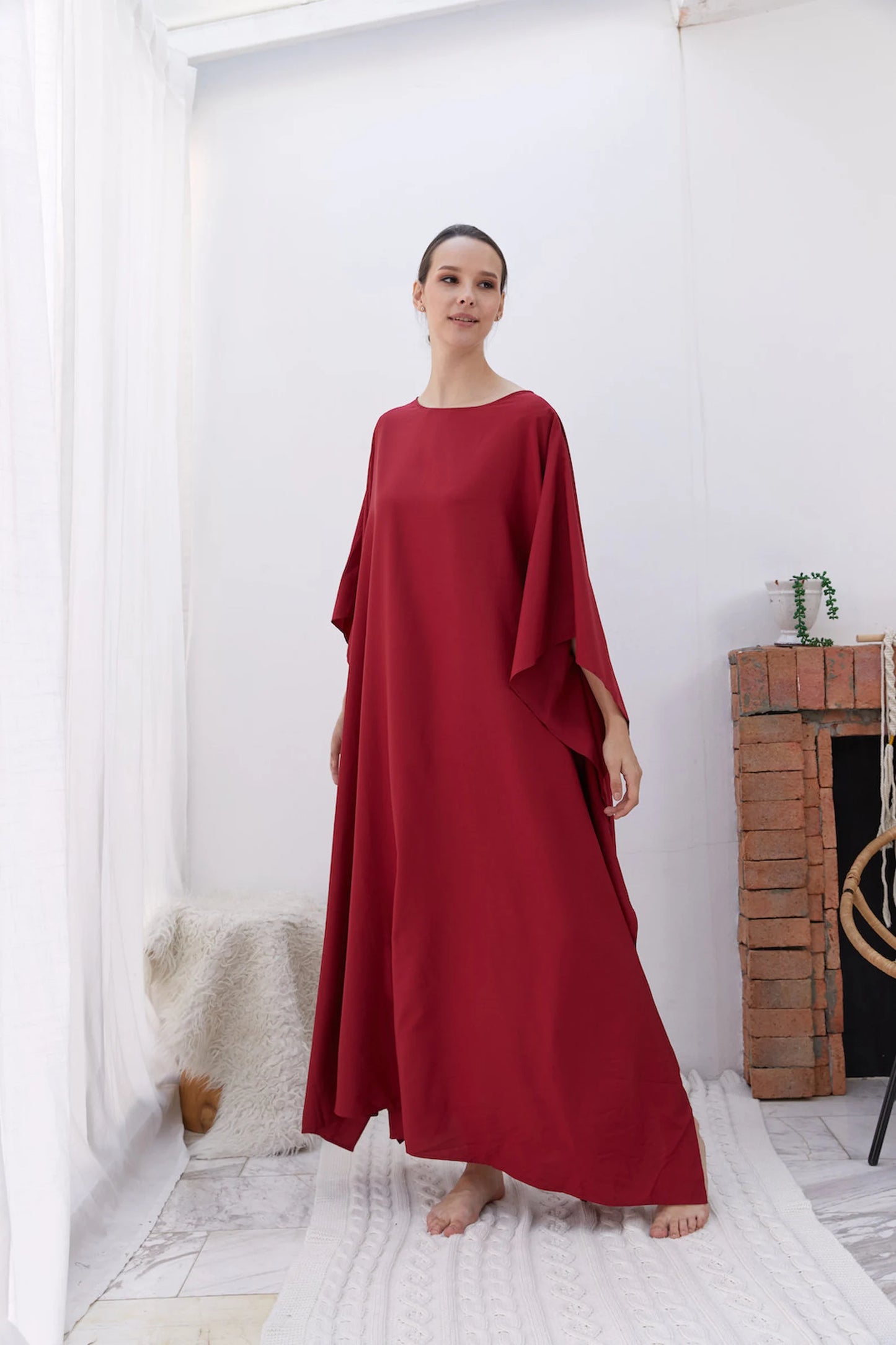 Red Silk Kaftan Dress Full Length Women Plus Size Bridesmaid Caftan