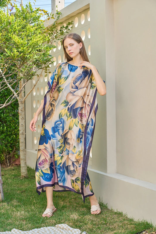 Rose Blue Floral Kaftan Summer Dress silk beach wear Plus Size