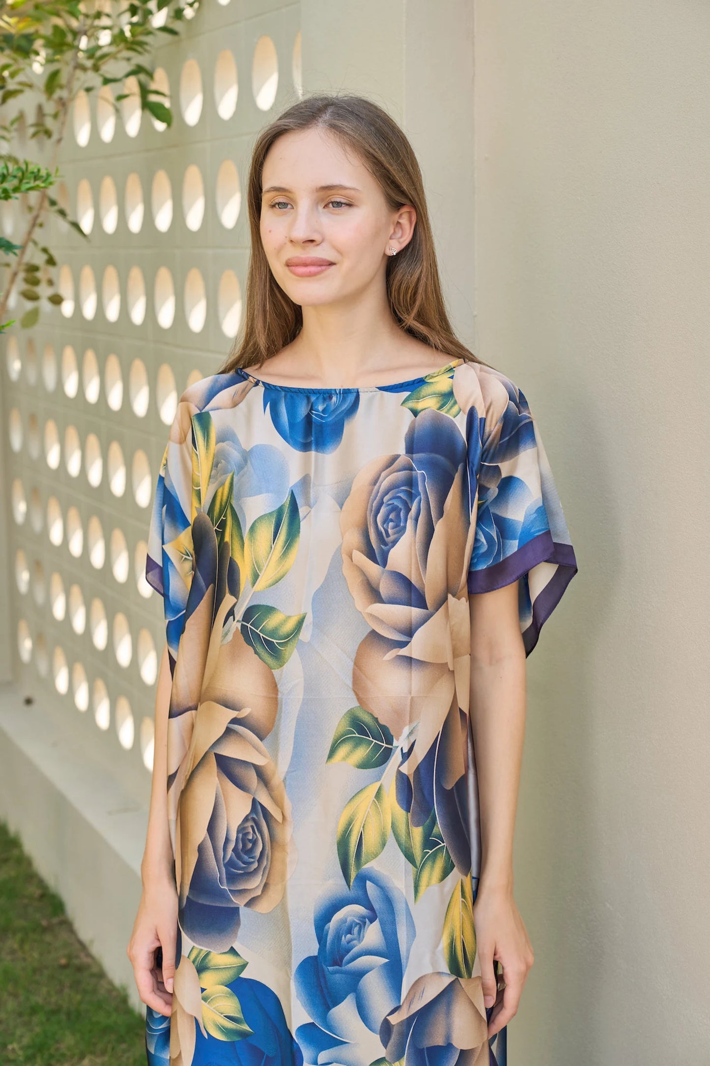 Rose Blue Floral Kaftan Summer Dress silk beach wear Plus Size