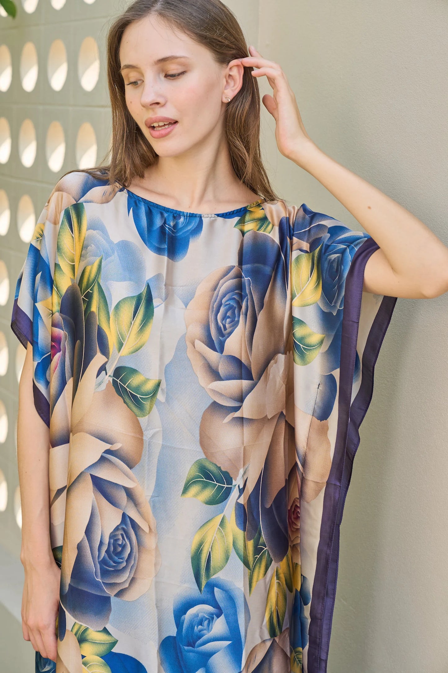 Rose Blue Floral Kaftan Summer Dress silk beach wear Plus Size