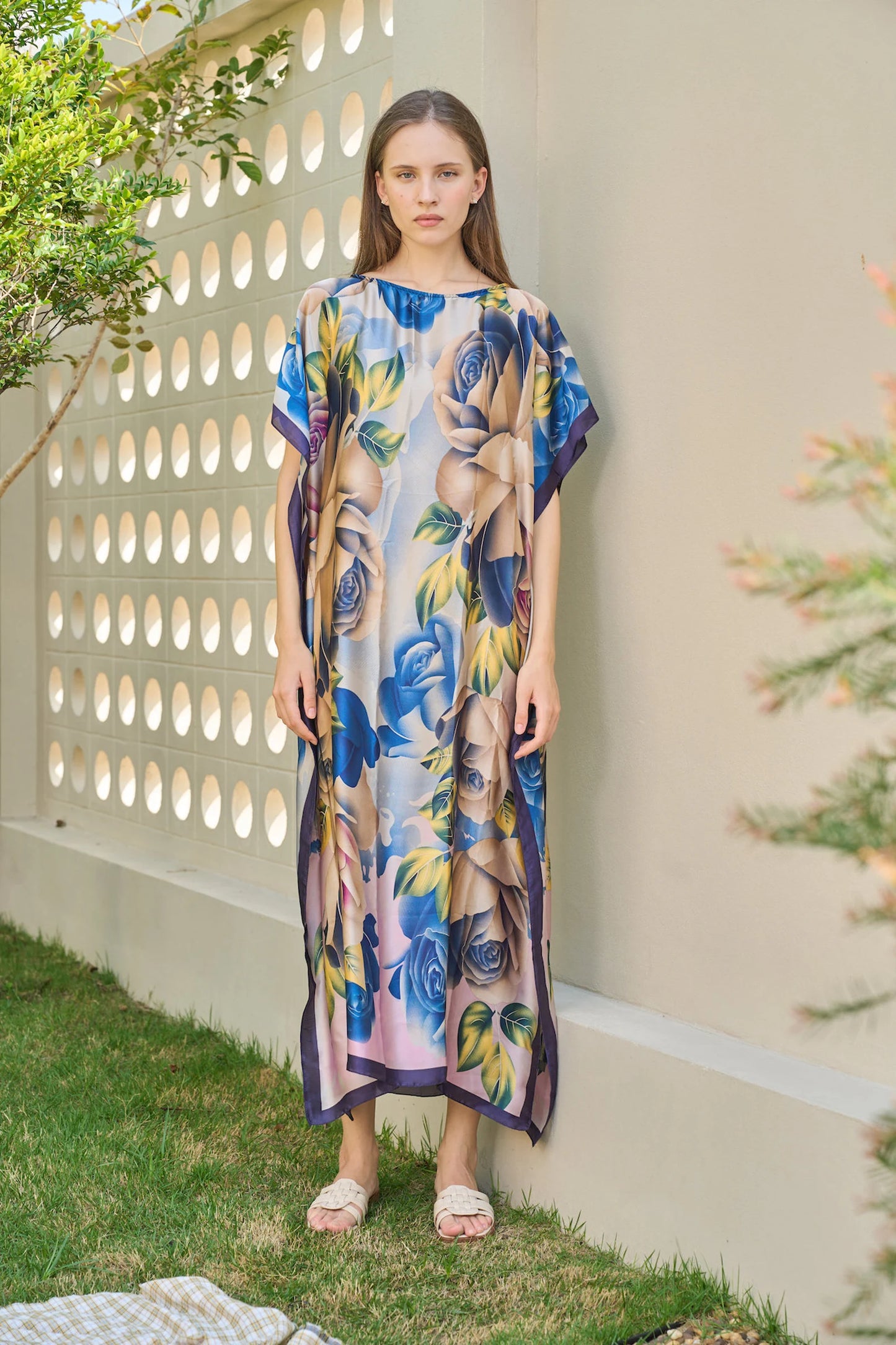 Rose Blue Floral Kaftan Summer Dress silk beach wear Plus Size