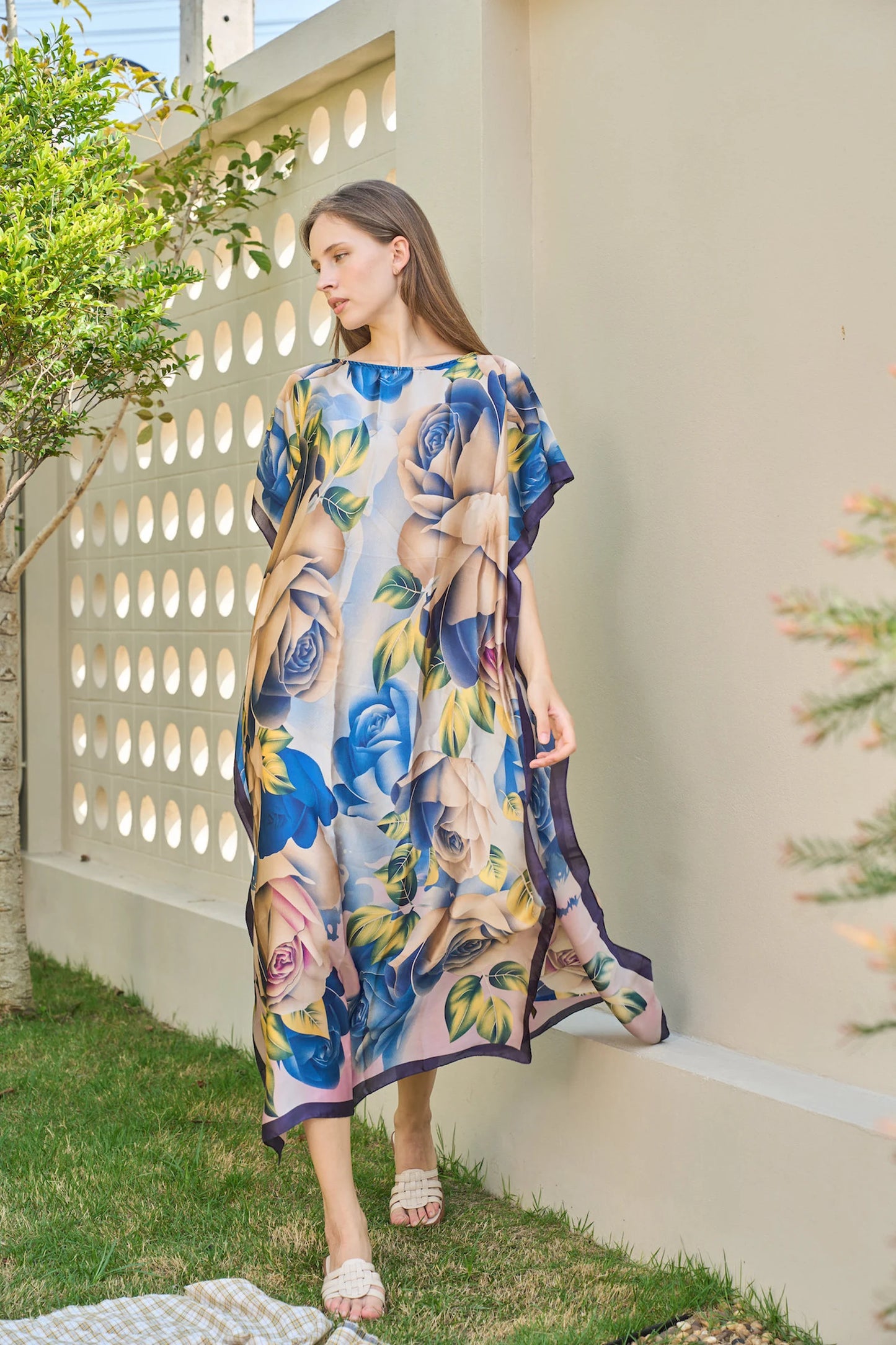 Rose Blue Floral Kaftan Summer Dress silk beach wear Plus Size