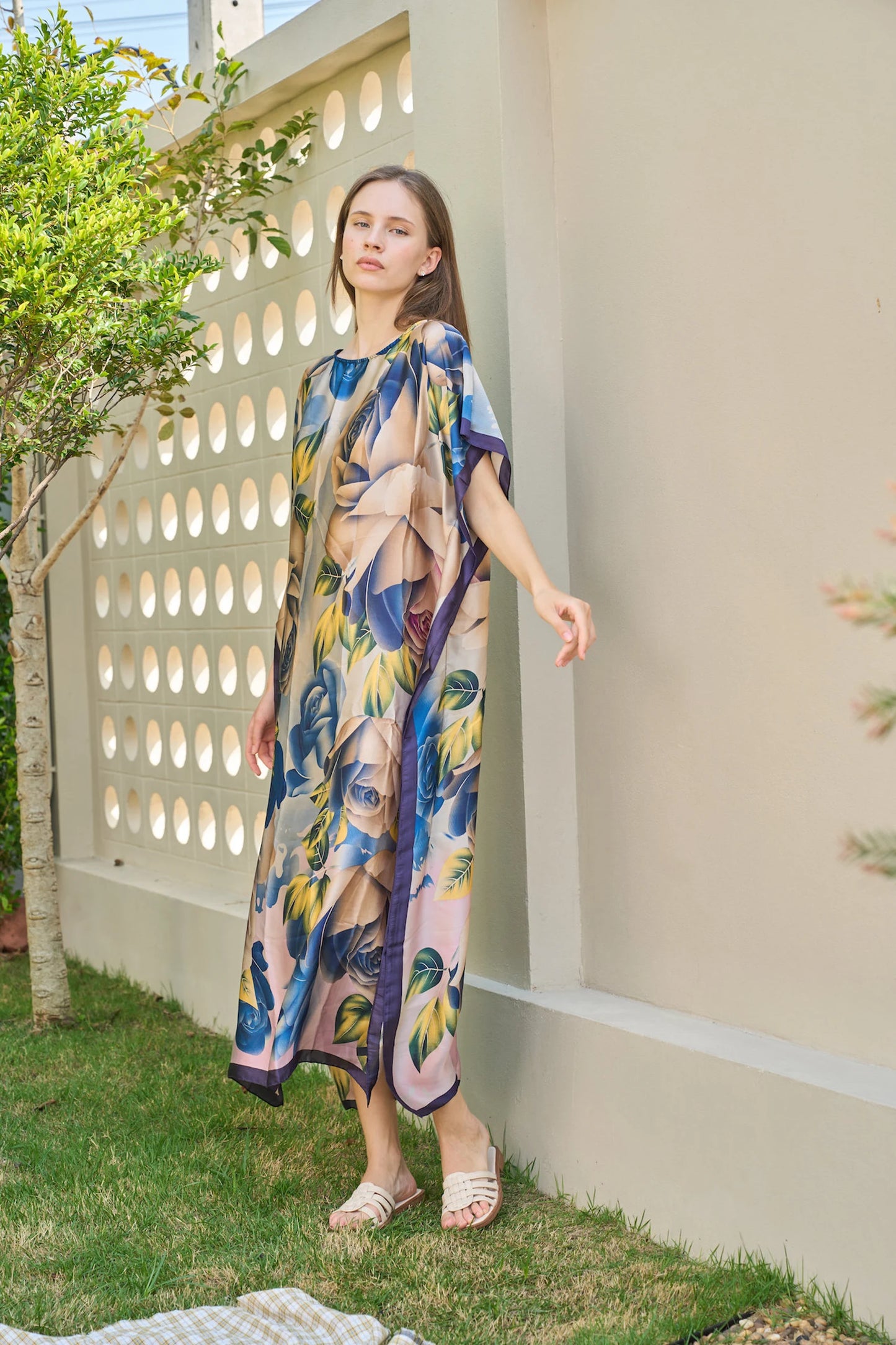 Rose Blue Floral Kaftan Summer Dress silk beach wear Plus Size