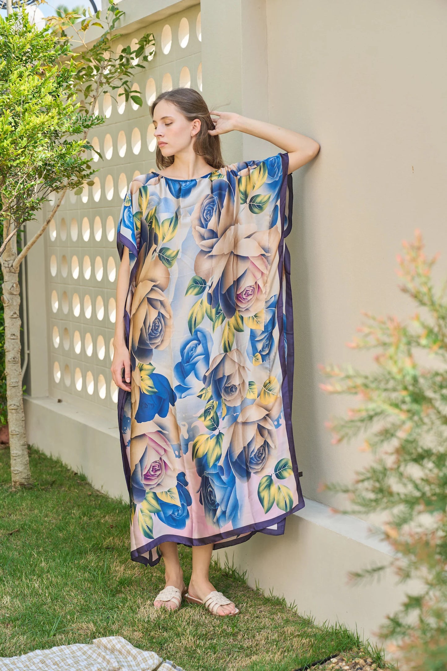 Rose Blue Floral Kaftan Summer Dress silk beach wear Plus Size