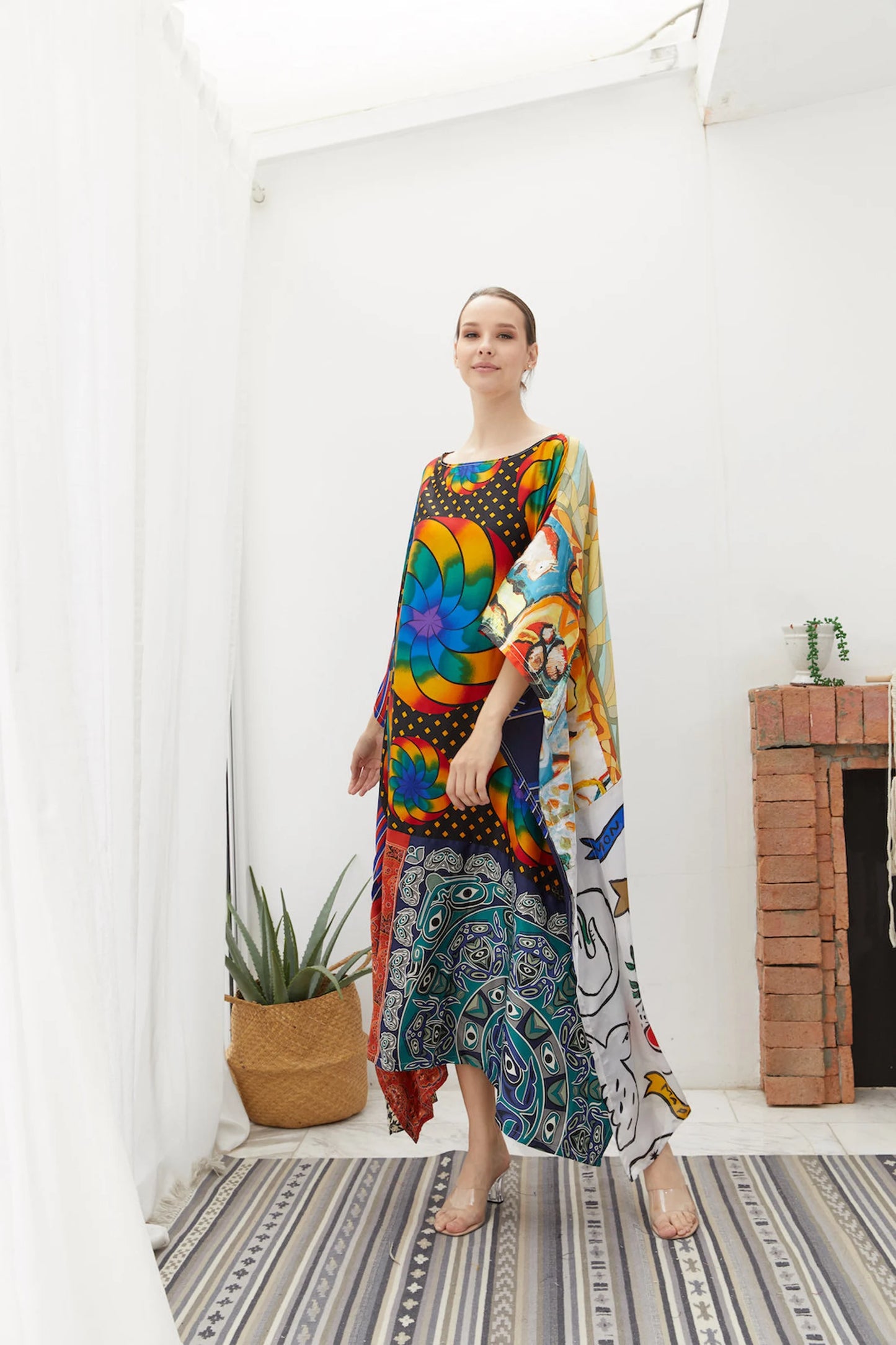 Silk Scarf Kaftan Mandala Rainbow Midi Length Women Plus Size Dress