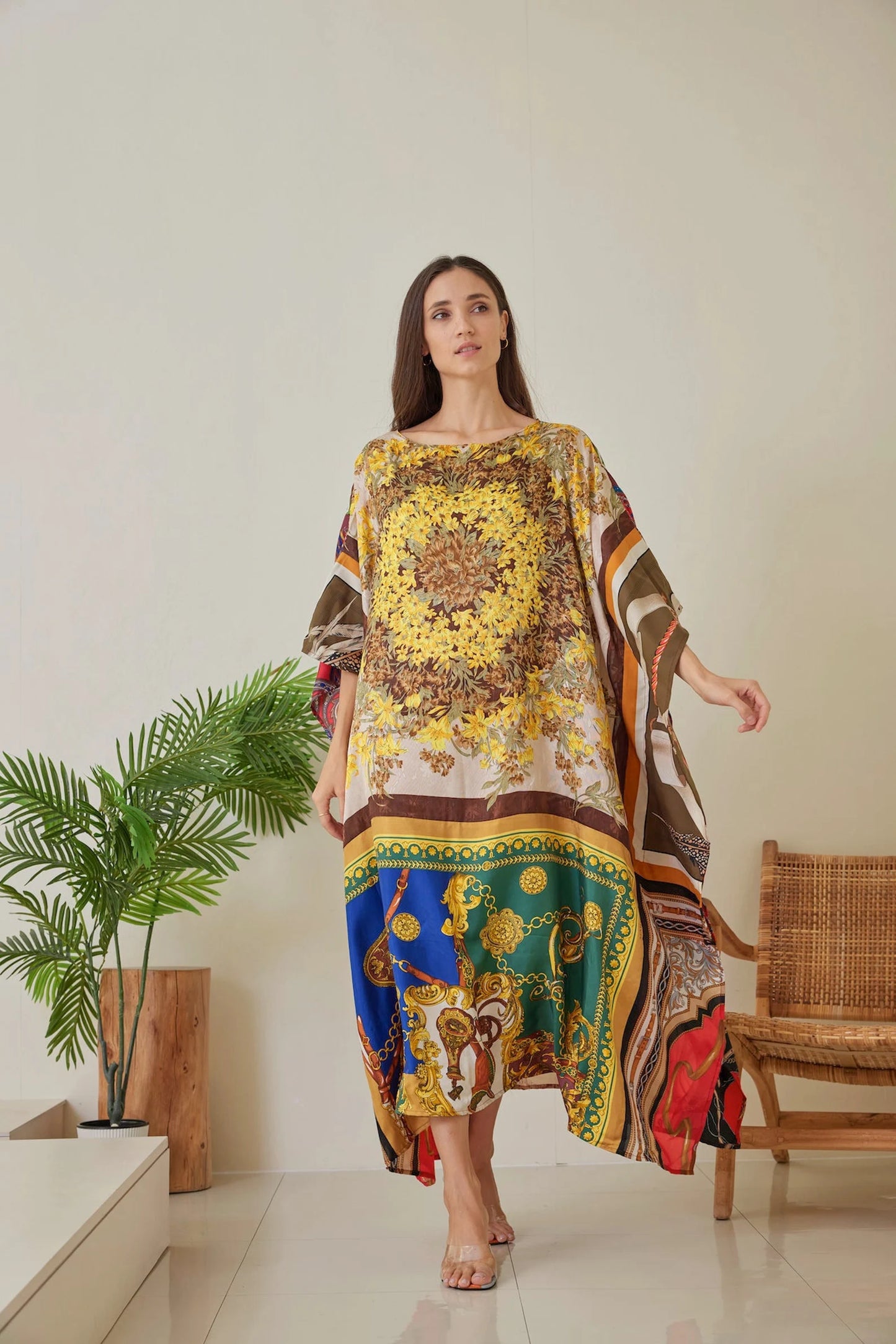 Silk Scarves Dress Patchwork Yellow Golden Floral Designer Moroccan Kaftan Dress