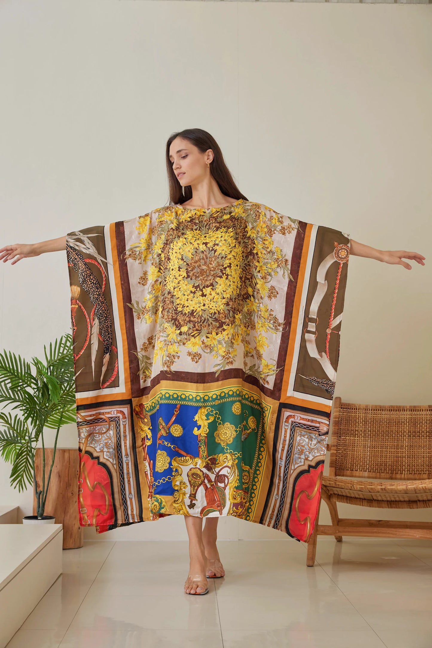 Silk Scarves Dress Patchwork Yellow Golden Floral Designer Moroccan Kaftan Dress