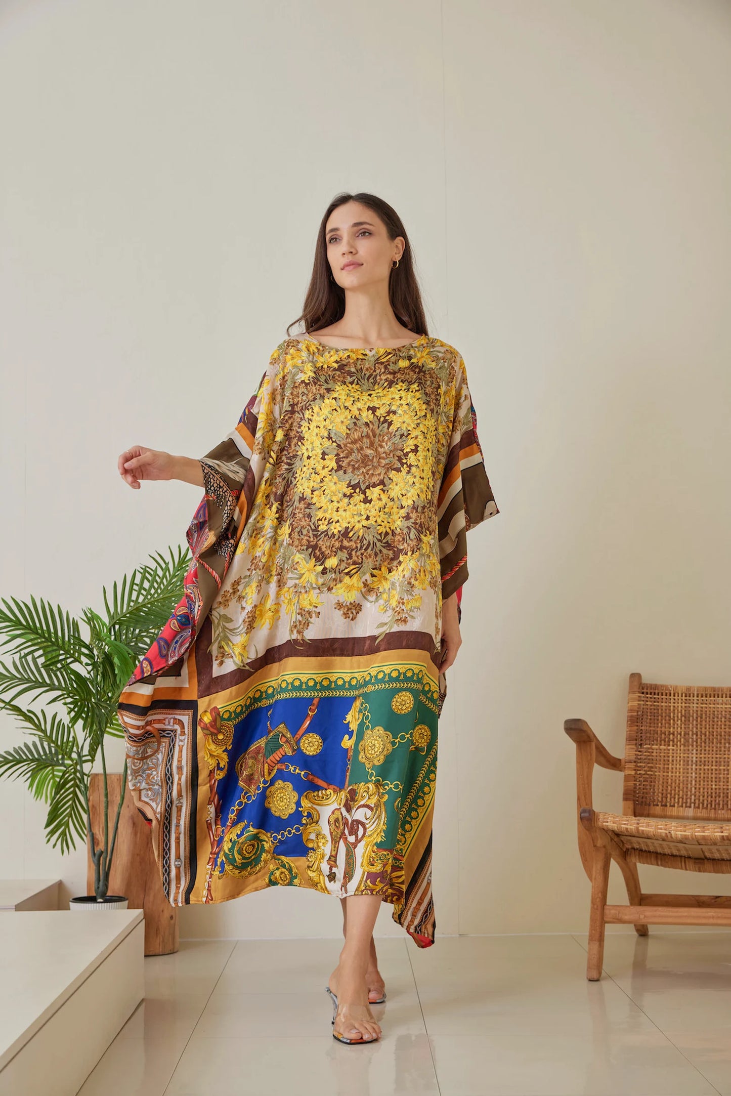 Silk Scarves Dress Patchwork Yellow Golden Floral Designer Moroccan Kaftan Dress