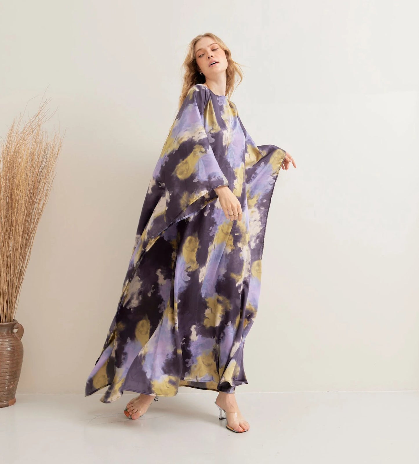 Soft Silk Tiedye Print Kaftan for Beach Wear Lounge Wear Dress Plus Size