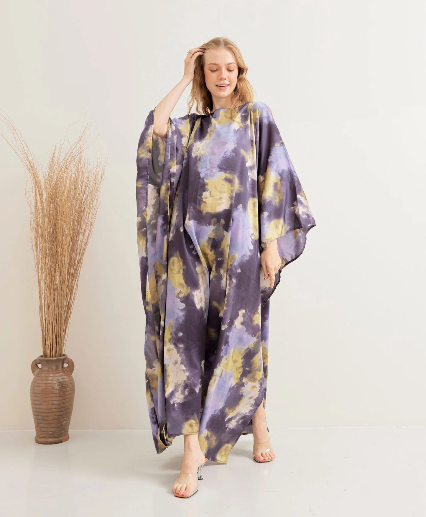 Soft Silk Tiedye Print Kaftan for Beach Wear Lounge Wear Dress Plus Size