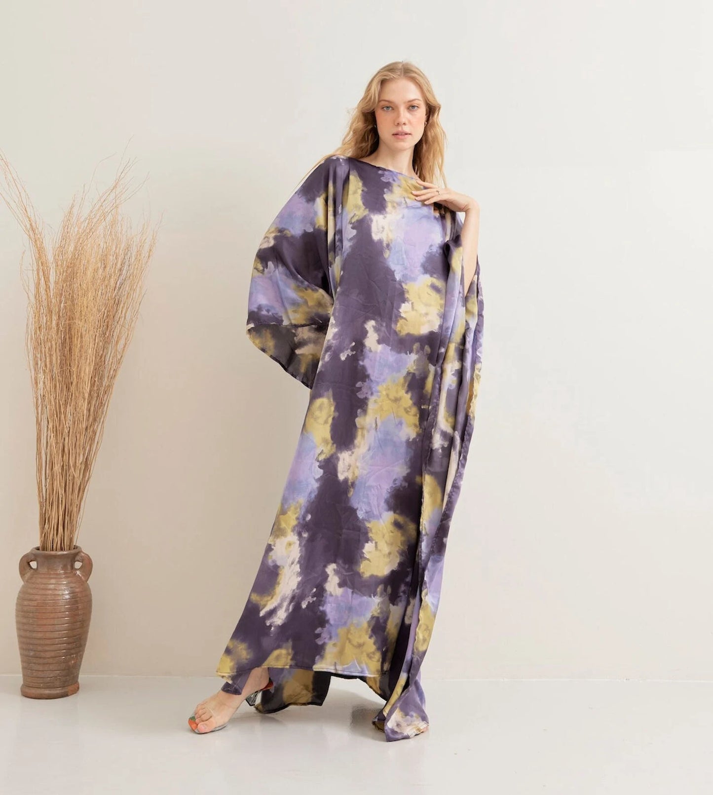 Soft Silk Tiedye Print Kaftan for Beach Wear Lounge Wear Dress Plus Size