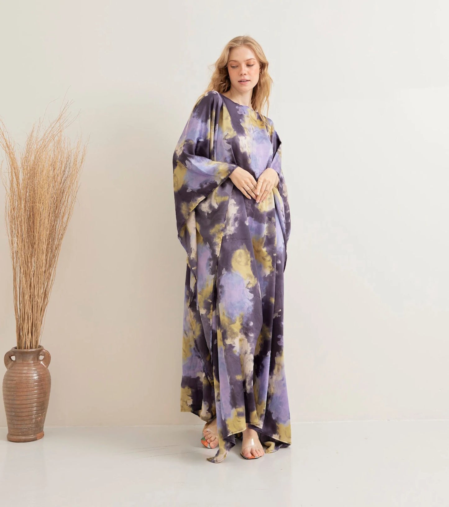 Soft Silk Tiedye Print Kaftan for Beach Wear Lounge Wear Dress Plus Size