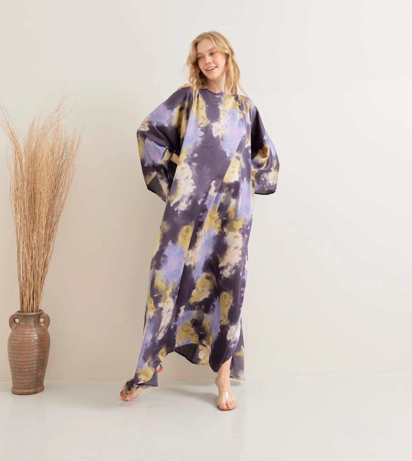 Soft Silk Tiedye Print Kaftan for Beach Wear Lounge Wear Dress Plus Size