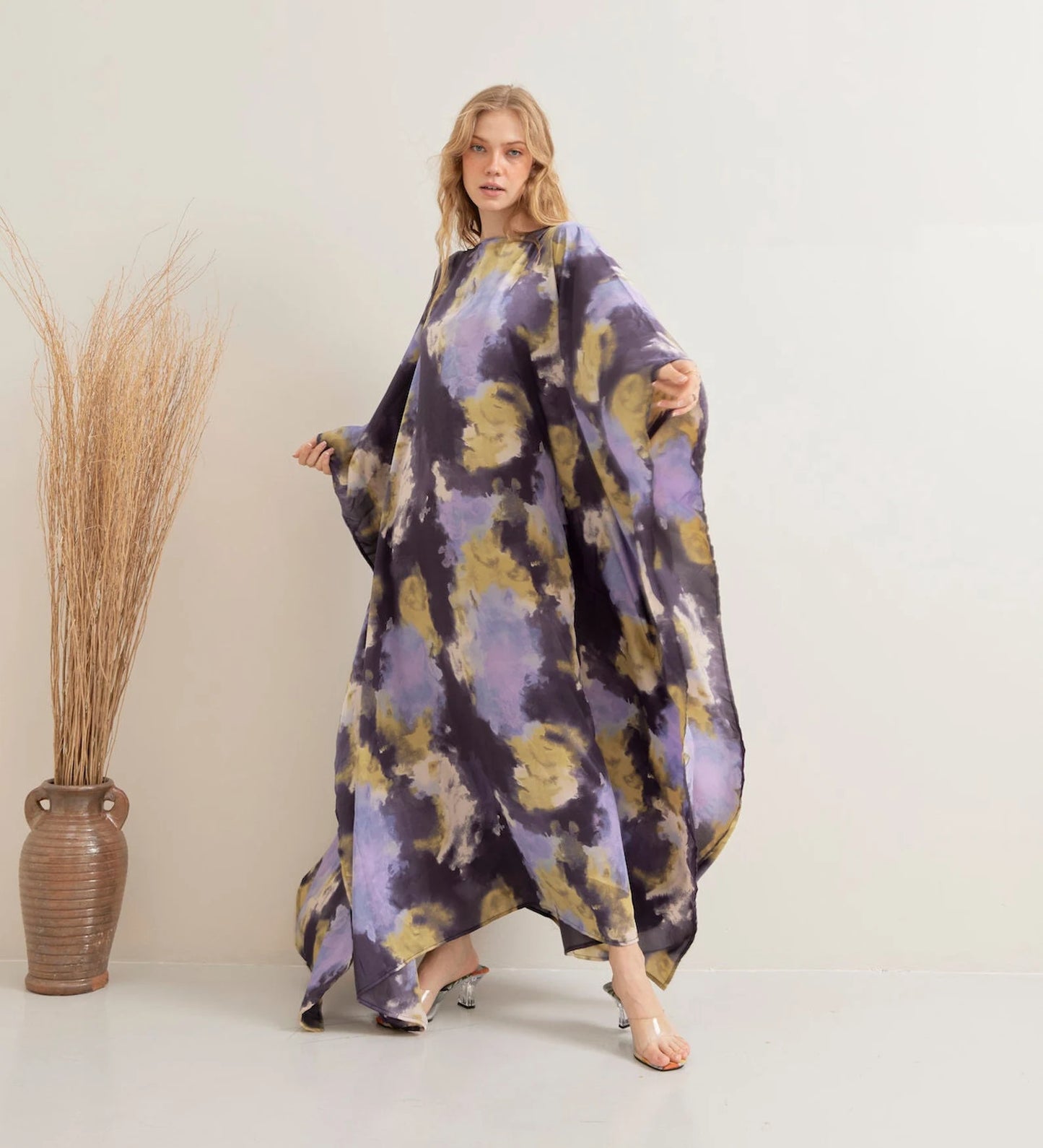 Soft Silk Tiedye Print Kaftan for Beach Wear Lounge Wear Dress Plus Size