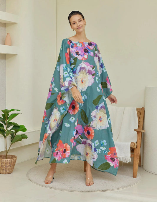 Spring Green Floral Cotton Caftan Dress Beach Wear Resort Wear Kaftan Handmade