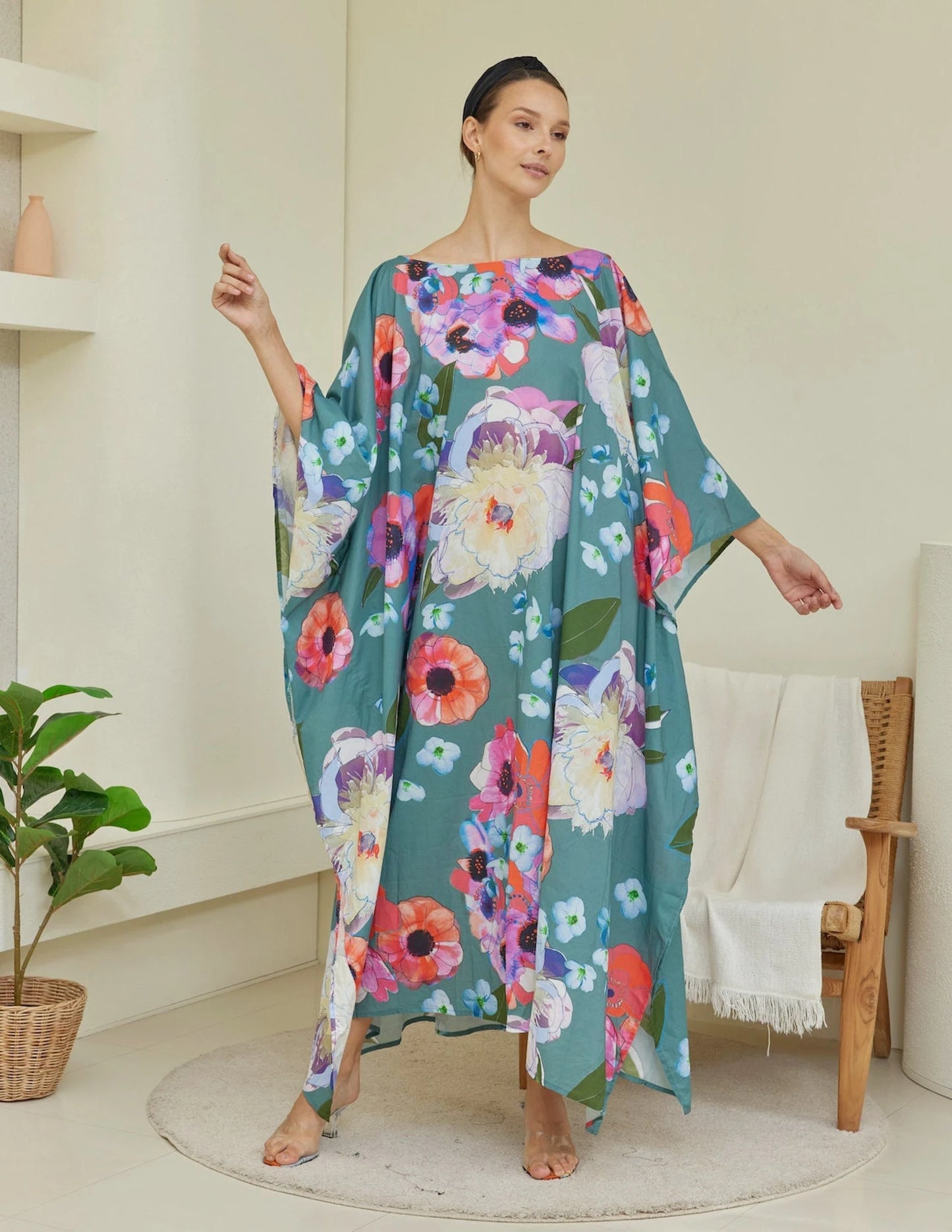 Spring Green Floral Cotton Caftan Dress Beach Wear Resort Wear Kaftan Handmade