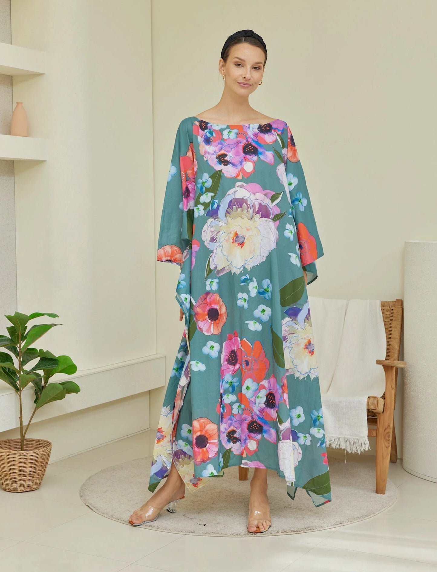 Spring Green Floral Cotton Caftan Dress Beach Wear Resort Wear Kaftan Handmade