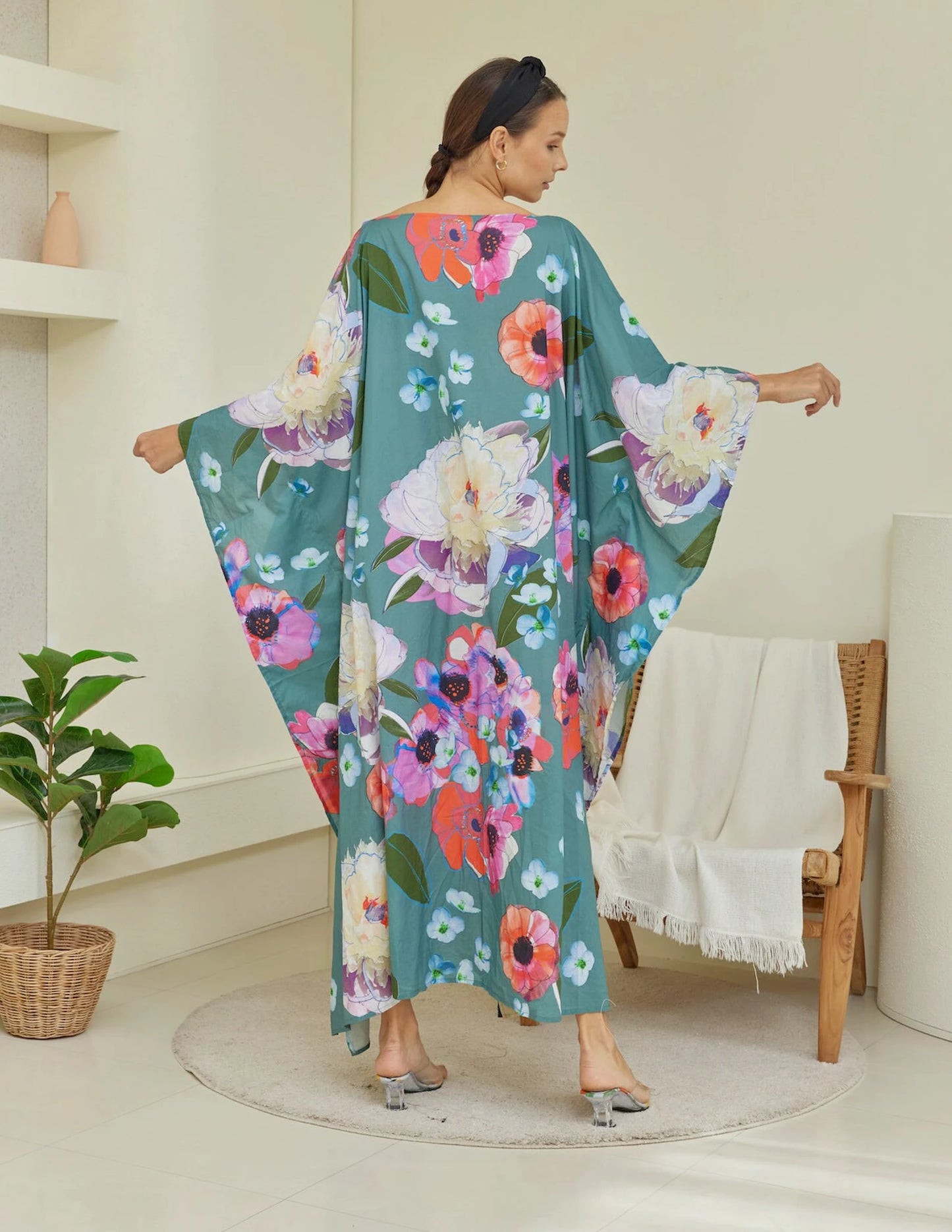 Spring Green Floral Cotton Caftan Dress Beach Wear Resort Wear Kaftan Handmade