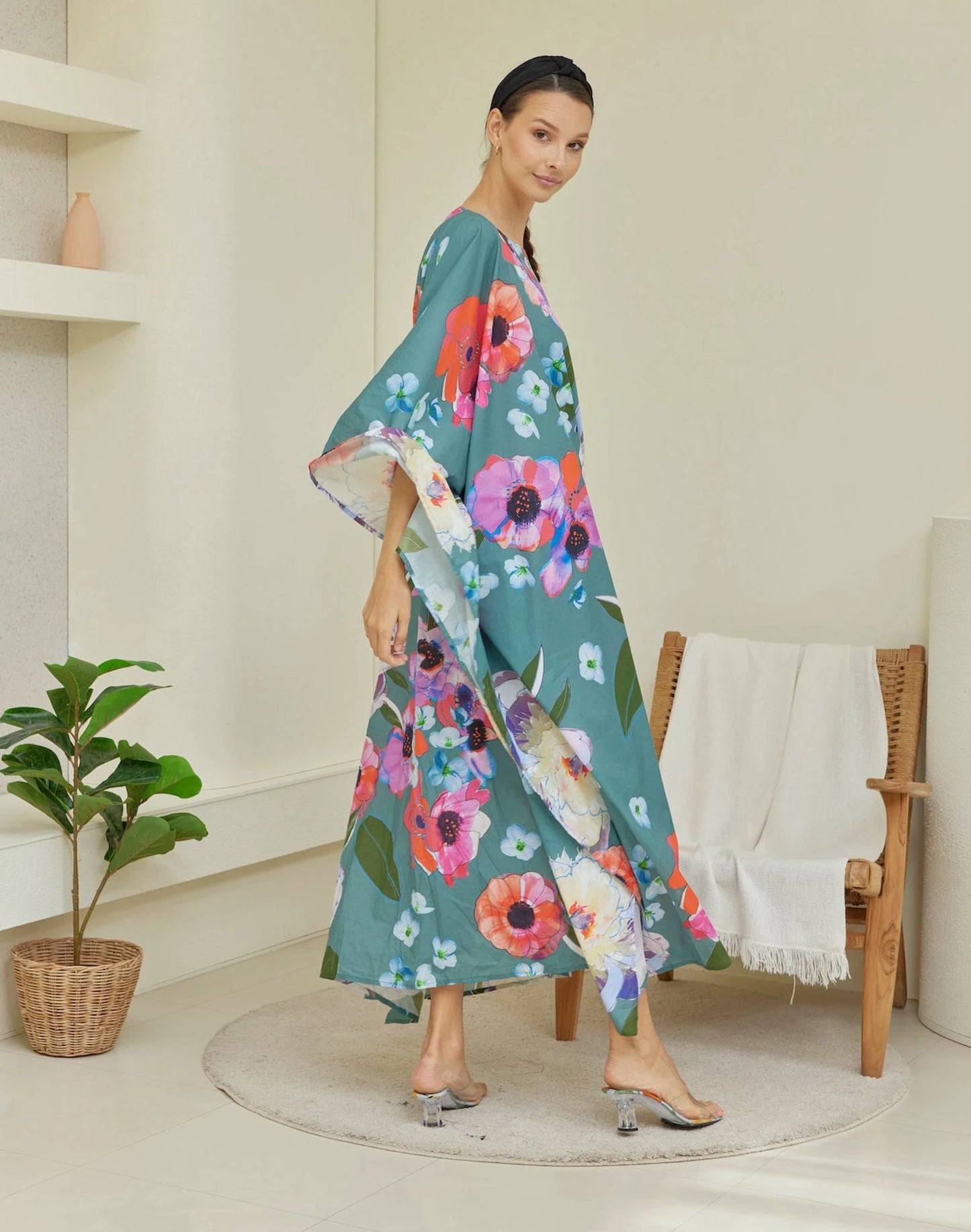 Spring Green Floral Cotton Caftan Dress Beach Wear Resort Wear Kaftan Handmade