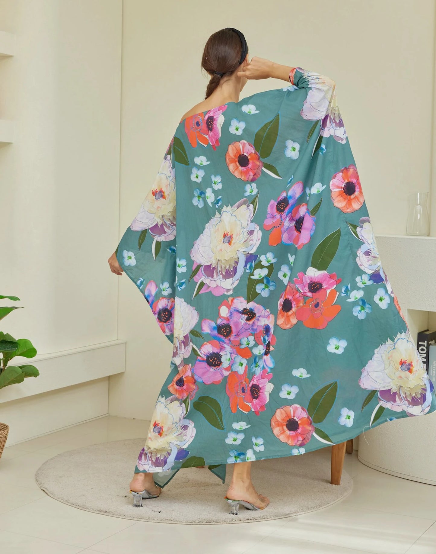 Spring Green Floral Cotton Caftan Dress Beach Wear Resort Wear Kaftan Handmade