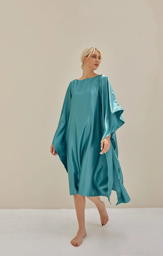 Turquoise Kaftan Blue Bat Wing Loose Silk Kaftan Dress Luxury Soft Dressing Gown