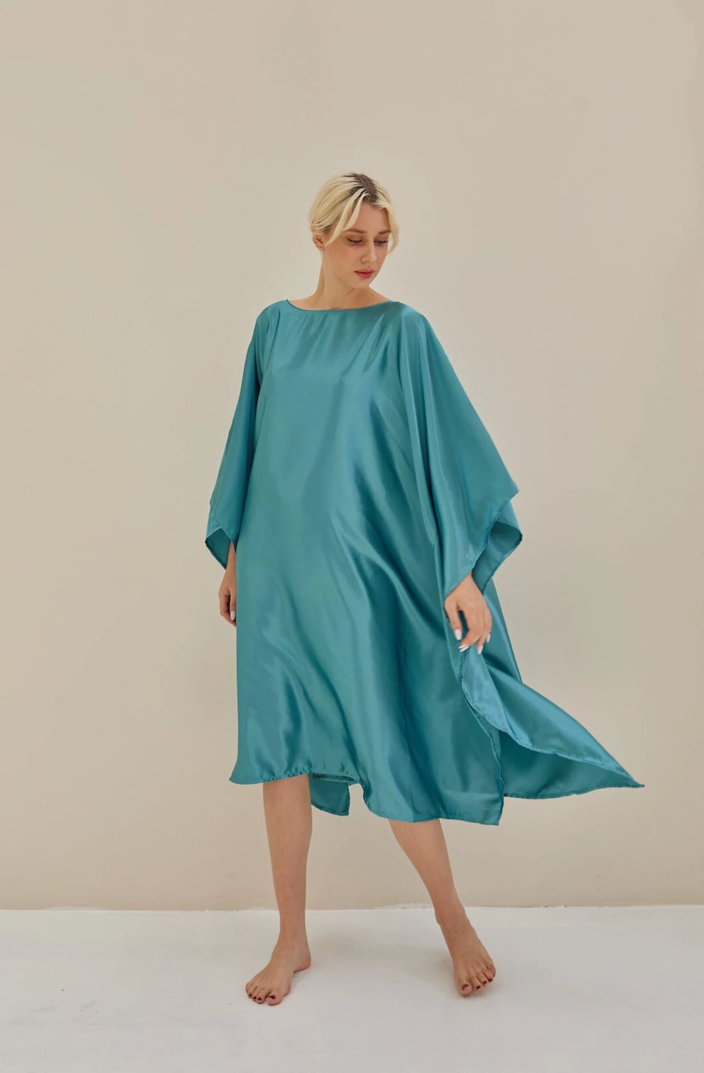 Turquoise Kaftan Blue Bat Wing Loose Silk Kaftan Dress Luxury Soft Dressing Gown